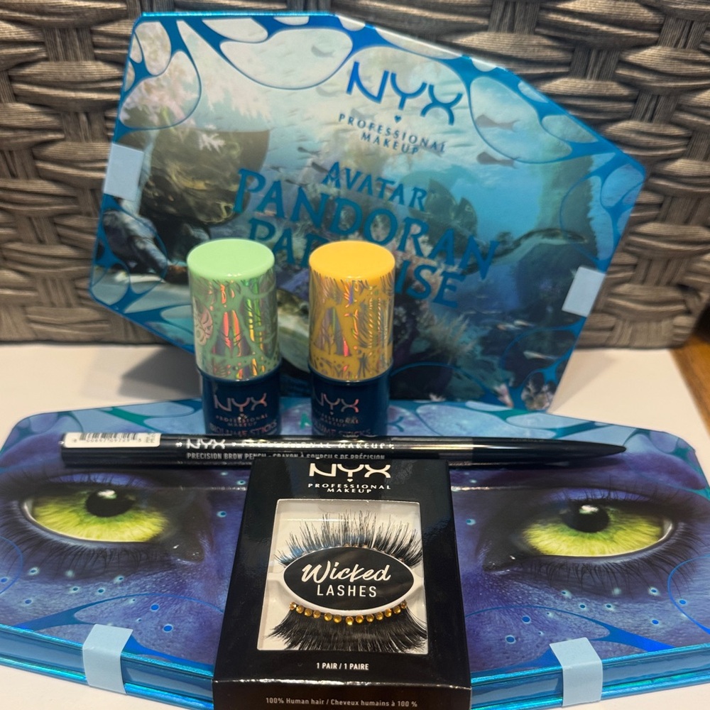NYX Professional Makeup Cheek and Eyeshadow, brow pencil, lashes, highlighters